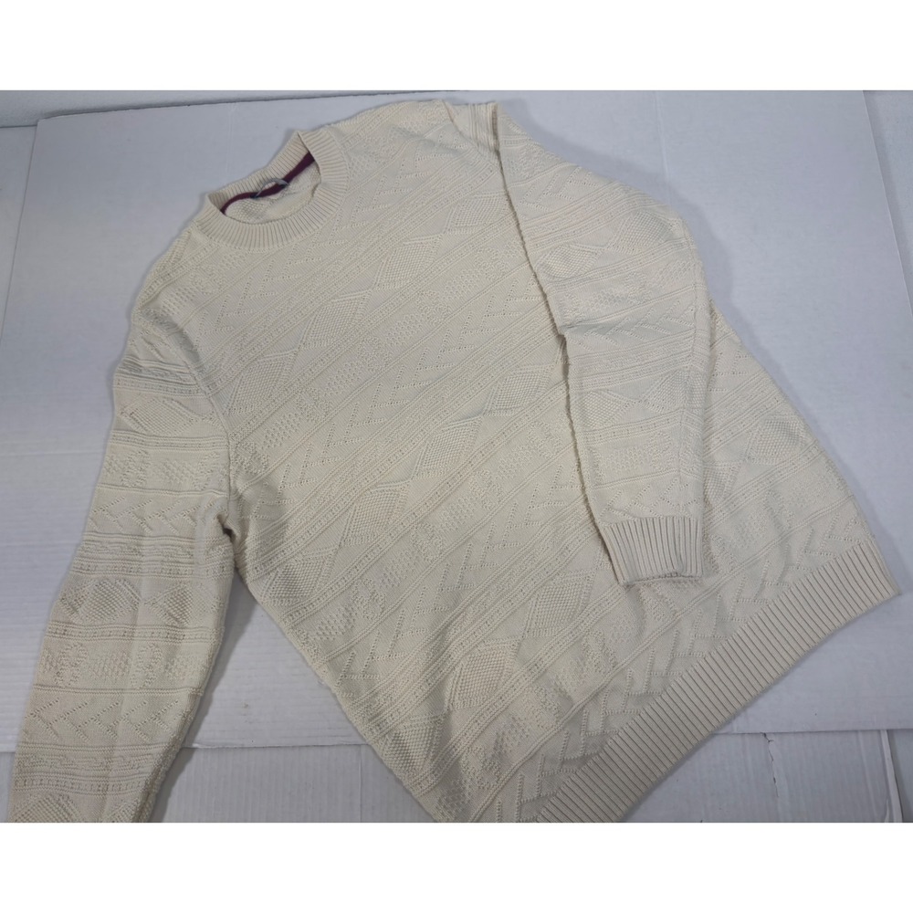 Walbusch Crew Neck Sweater Textured Geometric Knit Mens Cream Cotton Minimalist